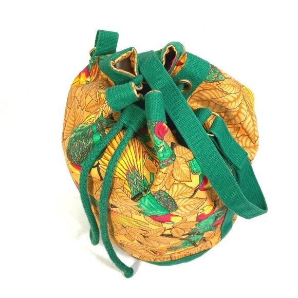 HERMES Flower Parrot Bird Pattern Purse vintage Shoulder Bag cotton Orange/Green - Picture 9 of 10